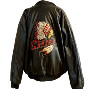 COPY - Black Faux Leather and Wool KC Chiefs Bomber Varsity Jacket Size Medium